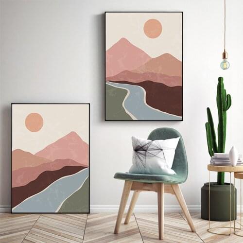 Abstract Bohemian Landscape Moon Sun Canvas Painting Wall Art Creative Pink Posters and Prints Retro Bedroom Living Room Decor