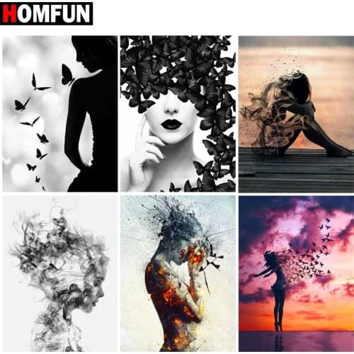 HOMFUN Full Square/Round Drill 5D DIY Diamond Painting "Portrait of Woman & Butterfl" Embroidery Cross Stitch 5D Home Decor Gift