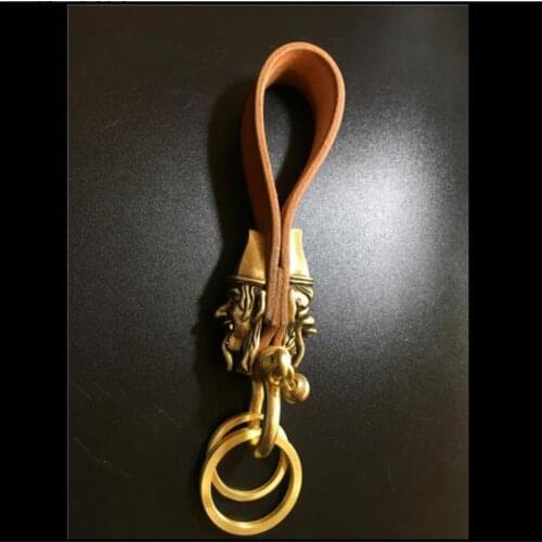 Handmade Solid Brass Warcraft Head Key Chain Waist Hook Leather Strap Car Key Ring Vintage Copper Key Holders Organizer