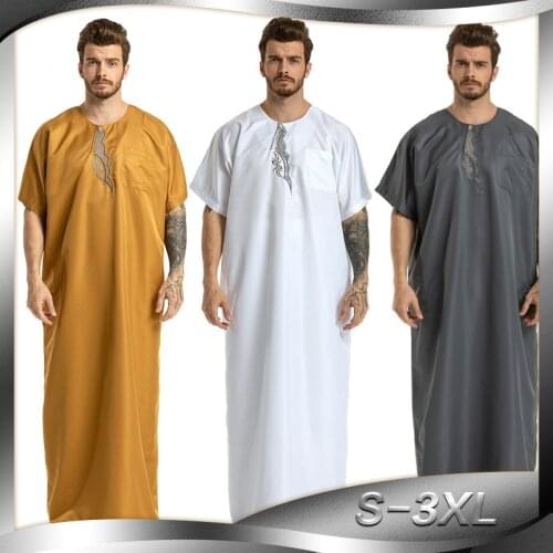 Bianfeng Ramadan Kaftan Muslim Mens Hui Embroidered Abaya Short Sleeve Eid Mubarak Robe Round Neck Djellaba Robe Male