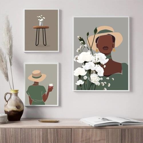 Black Girls Posters Fashion Illustration Prints Tropical Floral Canvas Painting African Woman Pictures Mustard Wall Art Decor