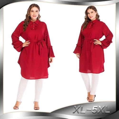 European And American Fashion Shirt Collar Bell Sleeve Chiffon Midi Dress Women