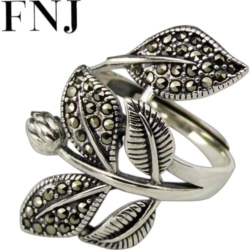FNJ Leaf Flower Ring 925 Silver New Fashion MARCASITE Original S925 Sterling Silver Rings for Women Jewelry Adjustable Size