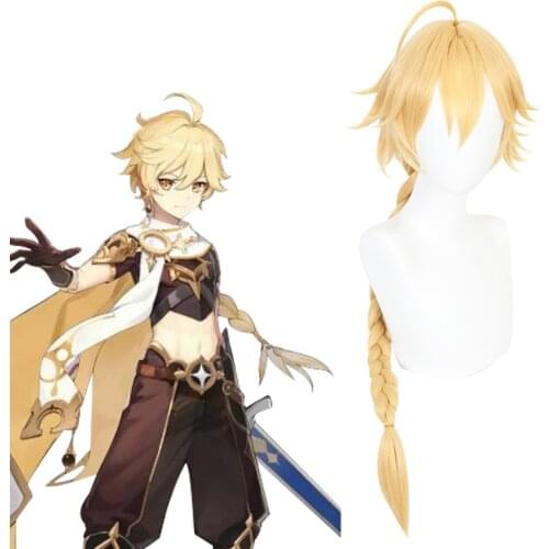 Genshin Impact Aether Traveler Player Blonde Braid Long Cosplay Heat Resistant Synthetic Hair Halloween Carnival Party + Wig Cap