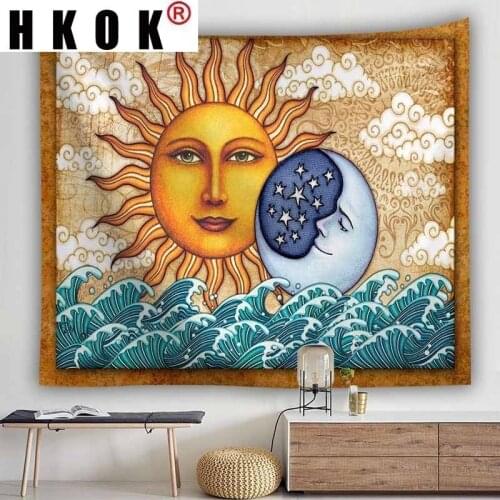 HKOK Psychedelic Tarot Sun Moon Tapestry Wall Hanging Wall Covering Rugs Background Cloth Beach Mat Blanket Art Home Decor