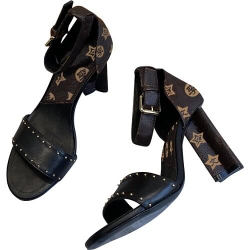 Italian vvl Apple classic print 6cm medium heeled sandals, womens shoes, round head and square heel, original high quality