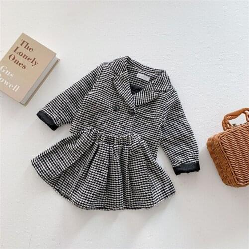 DFXD Autumn Winter Toddler Girls Houndstooth Suit Set Preppy Style Plus Cotton Thicken Jacket Coat+Pleated Skirt Princess Outfit