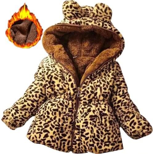 Winter full sleeve Leopard faux fox fur collar Children Girls coat Jacket Baby Girl Outerwear Hooded Infant Clothing Thick Warm