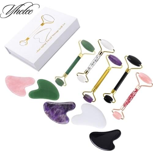 The Best Gift 3 in 1 Jade Roller Facial Massager Gouache Scraper Rose Quartz Guasha Board Face Lifting Relax Beauty Set With Box