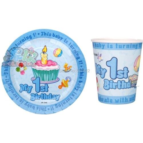 My 1st Birthday 100PCS(50 cups +50 plates) Bule Disposable Paper Plates and Cups For Childrens Birthday Party Free Shipping