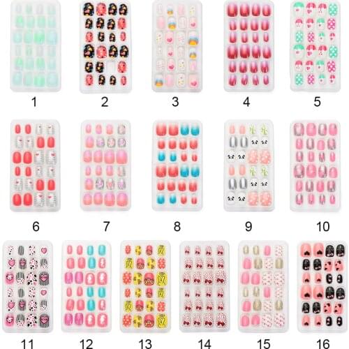 24Pcs Press on Children Candy False Nail Tips Cartoon Full Cover Kid Pink Fake Nail Art for Little Girls Manicure Tool