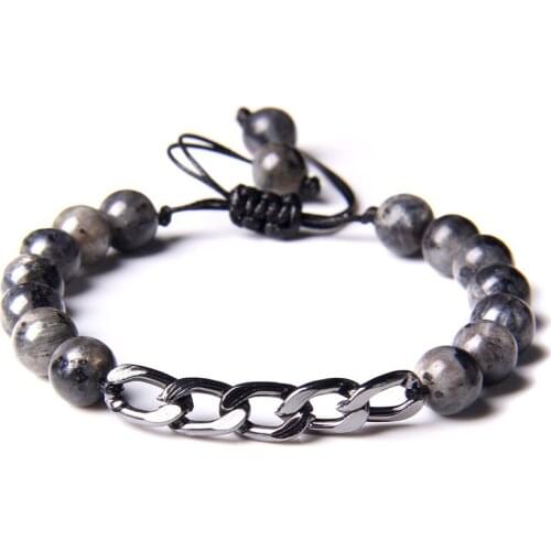 Natural Labradorite Stone Beads Bracelet Metal Chain Charm Bracelet Men Black Lava Onyx Beaded Energy Bracelet Yoga Jewelry Male