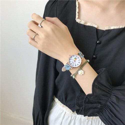 Pastoral Print Strap, Simple Smiley Face Digital Scale Dial Casual Fashion Ladies Quartz Watch