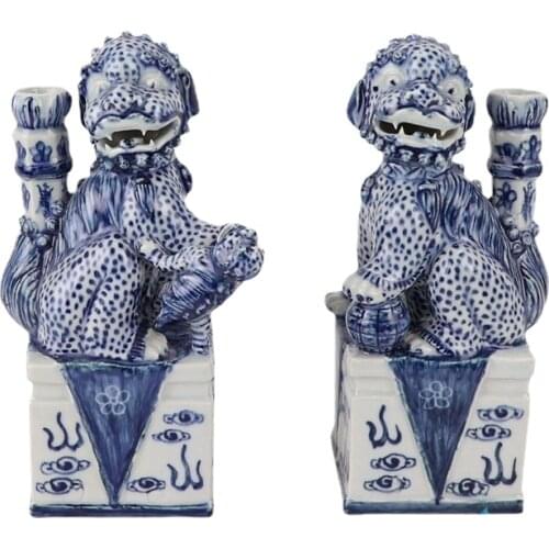 RZGB30 Blue and white ceramic sculpture squatting poodle candlestick