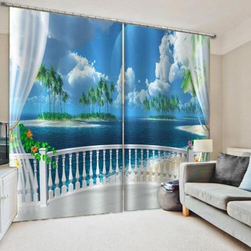 High quality custom 3d curtain fabric Nature scenery curtain blue beach window curtain Blackout curtain