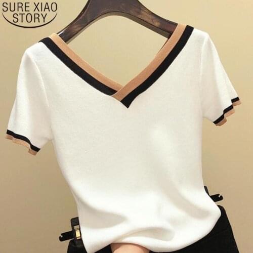 2021 Summer Tops tees Women Short Sleeve Tshirt V-Neck Fashion Contrast Color Knitted Shirt Clothes Femme Camisetas Mujer 13362