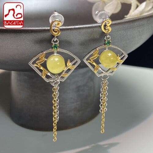 Baceda increase enjoyment Natural Crystals of Blue/Honey Amber,Moonstone & Aquamarine Dangling Earrings for Women Box Package