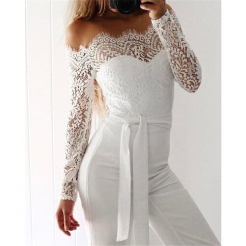 Women Elegant Slash Neck Off Shoulder Long Sleeve Lace Patchwork Jumpsuit Hollow Out High Waist Lace-up Wide Leg Pants Jumpsuit