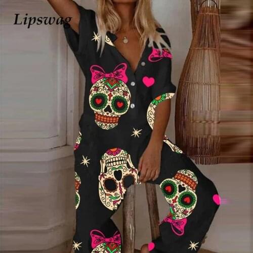 Women Elegant Cartoon Skull Print Jumpsuit 2021 Spring Summer Casual Button Loose Overalls Bodysuit Short Sleeve Romper Playsuit