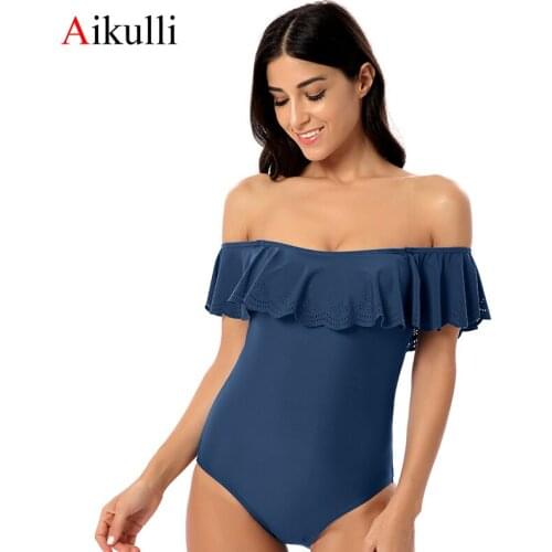 Aikulli Sexy One Piece Swimsuit Women Swimwear Flounce Retro Ruffle Off Shoulder Girls Bathing Suits Female Beach Swim Monokini