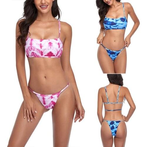 Womens Tie Dye Printed Sexy Bikini 2-Piece Tank Top Split Swimsuit Set