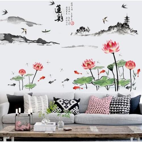 Watercolor landscape painting Lotus goldfish wall stickers Vinyl DIY Art Wall Decals For Living room Sofa background wall Decor