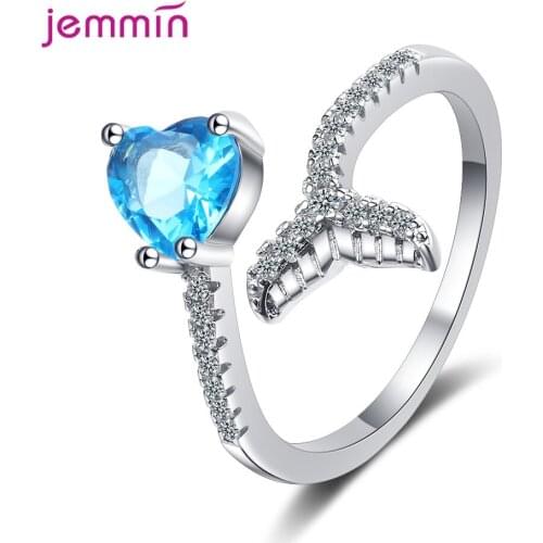 Free Size Fish Tail Opening Ring for Girls Women 925 Sterling Silver Blue Heart Cubic Zircon Crystal Fine Jewelry Accessories