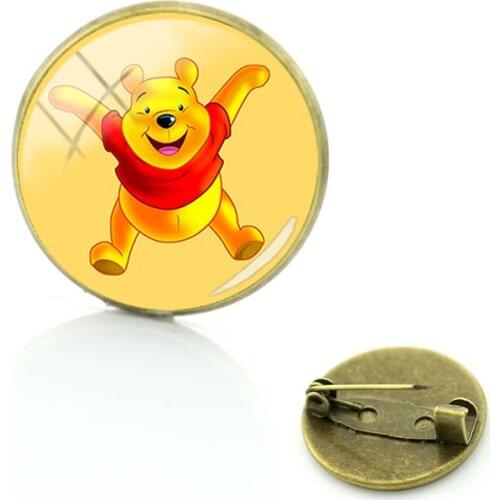 Disney Animated Character Pooh Bear Brooch Personality Cabochon Art Picture Jewelry Badge Glass Pin Funny Dome Brooch Gift