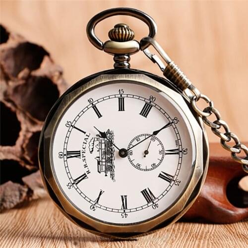 Steampunk Railway Locomotive Unisex Handwind Mechanical Pocket Watch Open Face Roman Number Pendant Chain Clock Collectable Gift