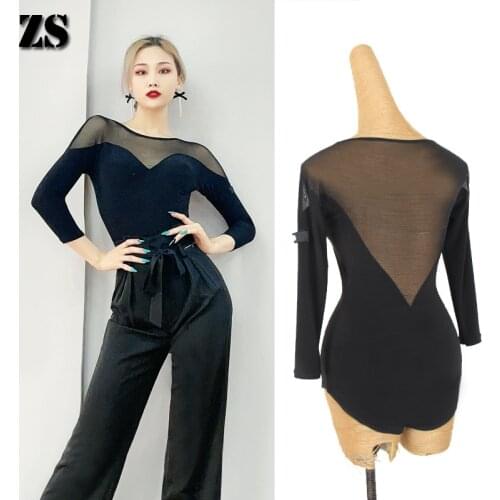 Black mesh Patchwork Women Latin Dance Bodysuit Practice Clothes One-Piece Blouse Samba Latin Dance Performance Costume Tops