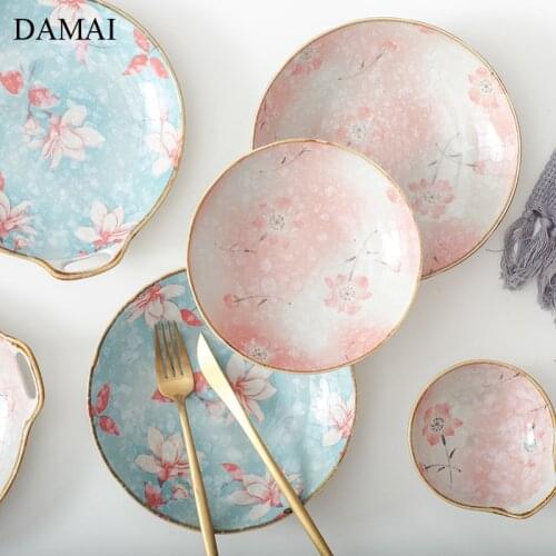 Cherry Blossoms Decorative Ceramic Plates Painted Porcelain Dessert Plate Dinner Dishes Dining Table Desktop Decoration Tray