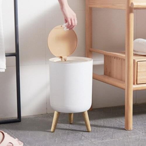 Elegant High Foot Imitation Wood Trash Can Round Desktop with Press Cover Dustbin Living Room Toilet Kitchen Garbage Bucket