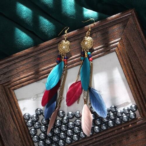 2020 Ethnic Summer Feather Long Earrings For Women Handmade Boho Gypsy Jhumka Jhumki Chain Beads Earrings Oorbellen