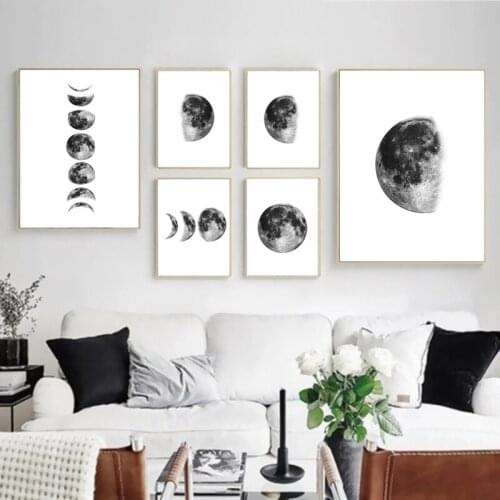 Nordic Minimalist Poster Modern Black And White Moon Painting Home Decoration Wall Art Oil Painting Bedroom Design Printmaking