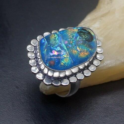 Gemstonefactory Jewelry Big Promotion Single Unique 925 Silver Vintage Shiny Fire Dichroic Glass Women Men Rings Big Size 8# 090