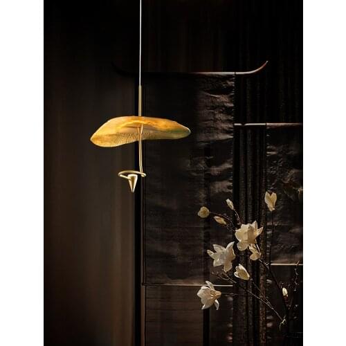 Chinese Vintage Zen Art Lotus Leaf Pendant Lights Gold Lustre Art Decor Copper Hanging Lamp Restaurant Tea Room Store Study Bar