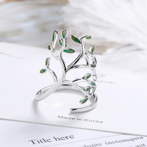 KOFSAC Chic 925 Sterling Silver Rings For Women Fashion Jewelry Gifts Exquisite Green Tree Leaves Ring Lady Party Accessories