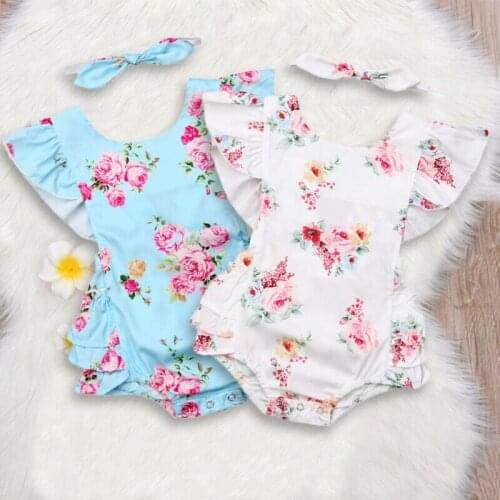 Newborn Infant Baby Girls Floral Jumpsuit+Headband 2pcs Ruffles Short Sleeve Bodysuit Clothes Outfits Set