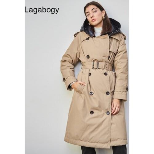 Lagabogy Top Quality Winter Down Trench Parkas 90% White Duck Dowm Coat Hooded Long Thick Warm Puffer Jacket Female Snow Outwear