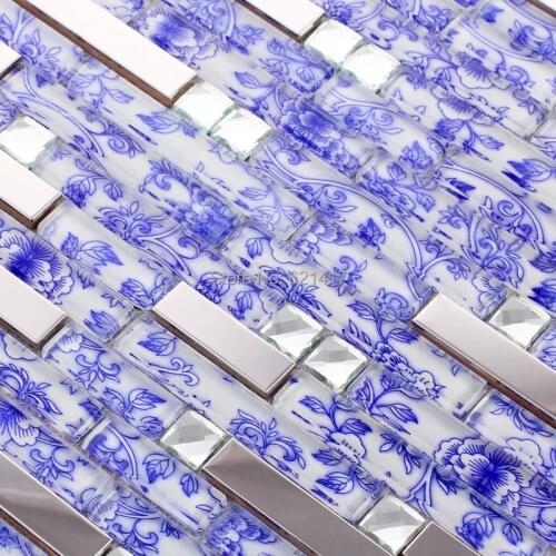 Strip blue flower glass mosaic mixed metal and diamond tile kitchen backsplash bathroom shower tiles hallway border