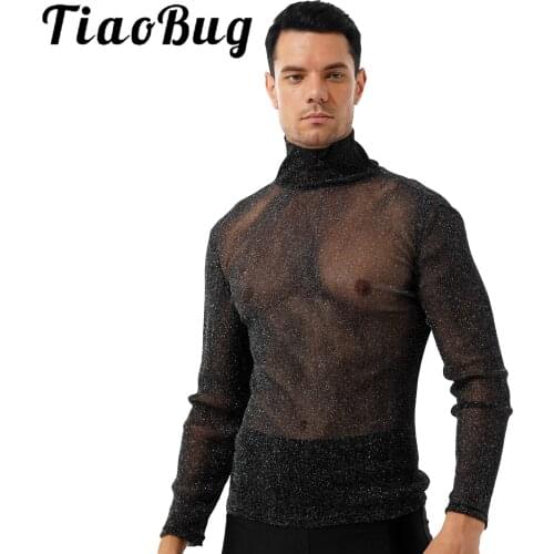 Mens Fashion Shiny Transparent T-shirt Tops High Neck Long Sleeve T-shirt Sexy Streetwear Clubwear For Party Stage Show Festival