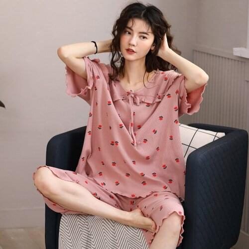 Women Modal Pajamas Sets Womens Short Sleeve Capri Pants Pyjamas Pajamas For Women Sleepwear Female Home Clothes For Summer