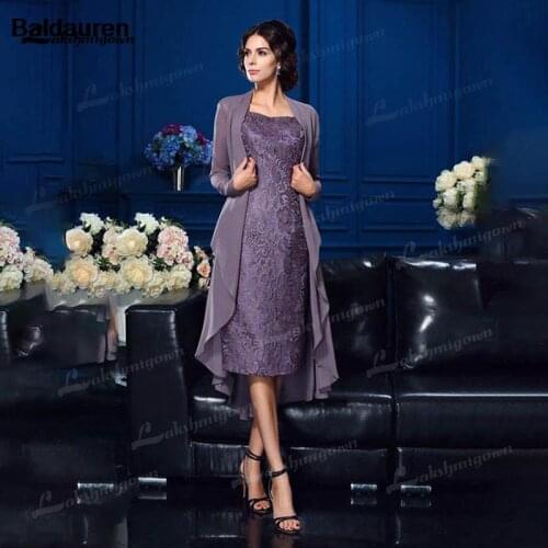 Lilac Two Piece Sheath Mother of the Bride Dress with Lace Jacket Short Dresses Knee Length Wedding Party Gowns with Sleeves