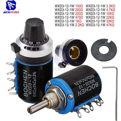 WXD3-12-1W Wirewound Potentiometer Resistance 100R 200R 470R 1K 2.2K 4.7K 10K 22K 47KΩ Ohm w/ Precision Dial Potentiometer Knob