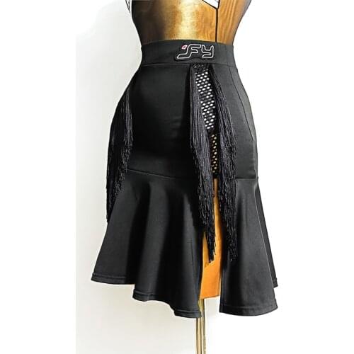 Latin Dance Skirt New Slit Skirts Women Samba Cha Cha Dress Dance Practice Clothing Black Tassel Dress 2020 Fringe Skirt VDB2330