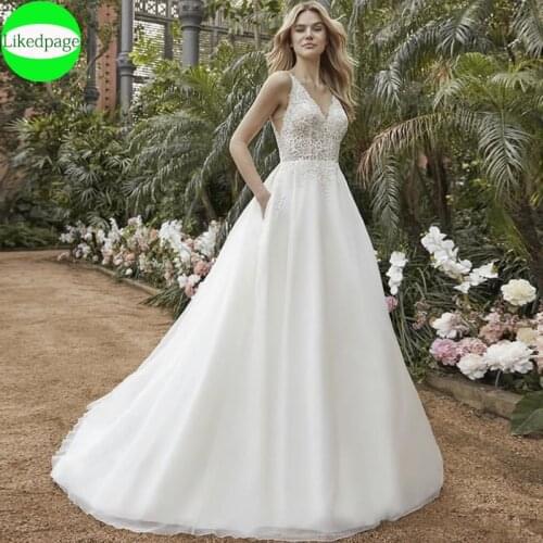 Wedding Dress A-Line Vestidos De Novia V-Neck Lace Appliques Sequined Backless Sweep Train Elegant Bride Gown 2021 With Pockets
