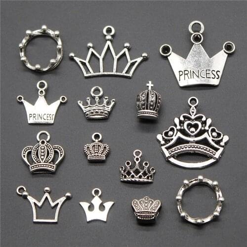 15pcs Charm Crown Vintage Antique Silver Color Princess Crown Pendant Charms For Jewelry Imperial Crown Charm Jewelry Making