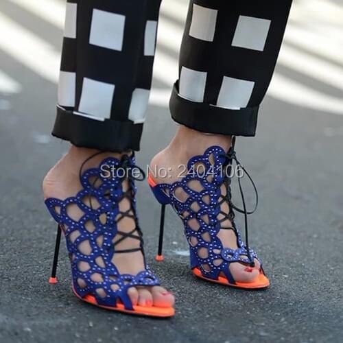 2018 Summer Shoes Woman Street Slippers Slingback Peep Toe Rhinestone Sandals Stiletto High Heels Cut Outs Lace Up Slides Women