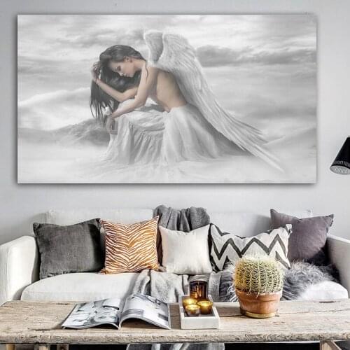 Abstract Art Angel Thinking on the Cloud Canvas Painting Wall Art Nude Girl Wing Posters Prints Pictures for Living Room Decor