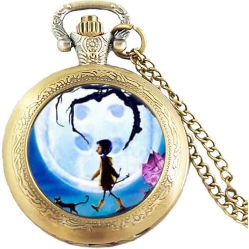 Anime Movie Coraline Necklace Coraline pocket watch Necklace chain Jewelry women men gift vintage antique charm steampunk chains